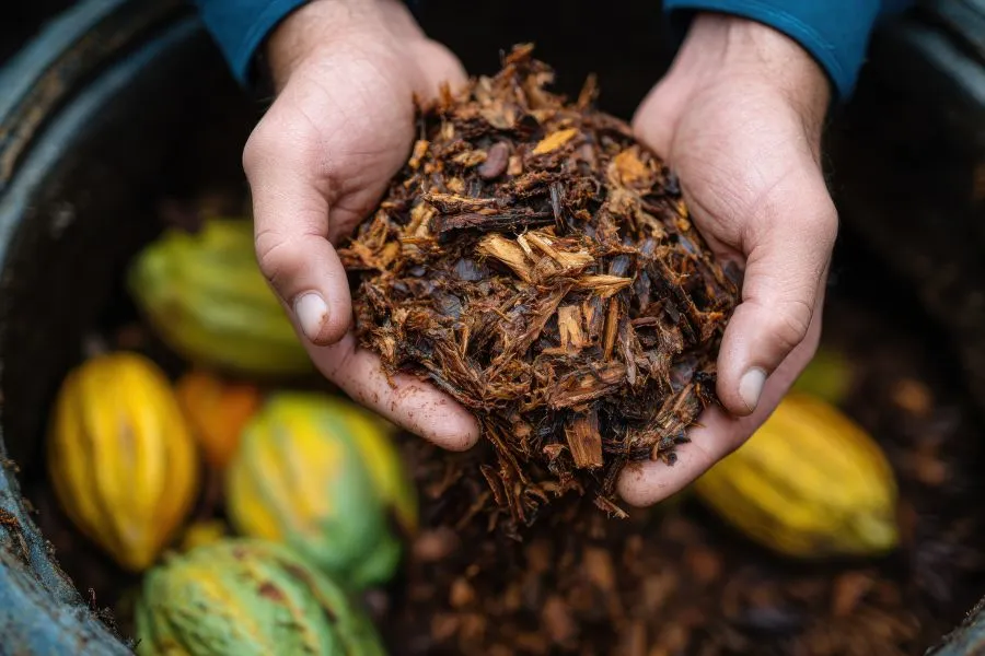 hands holding waste from cocoa production